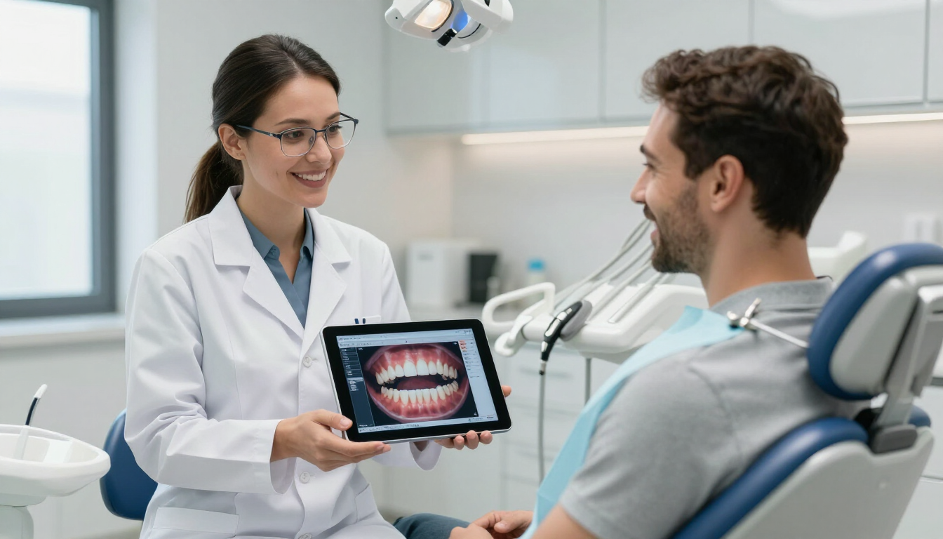 photorealistic professional dentist consulting with a happy patient showing a digital tablet screen dental clinic setting