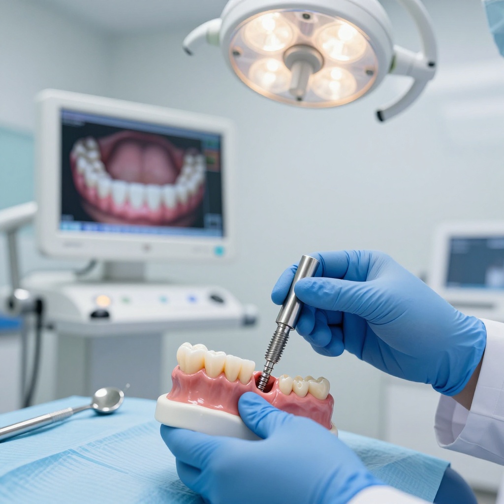Dentist using blue gloves and a drill on a model of teeth in a dental clinic