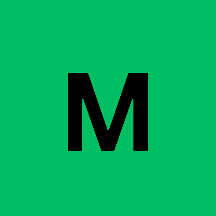 Black letter โMโ centered on a green background