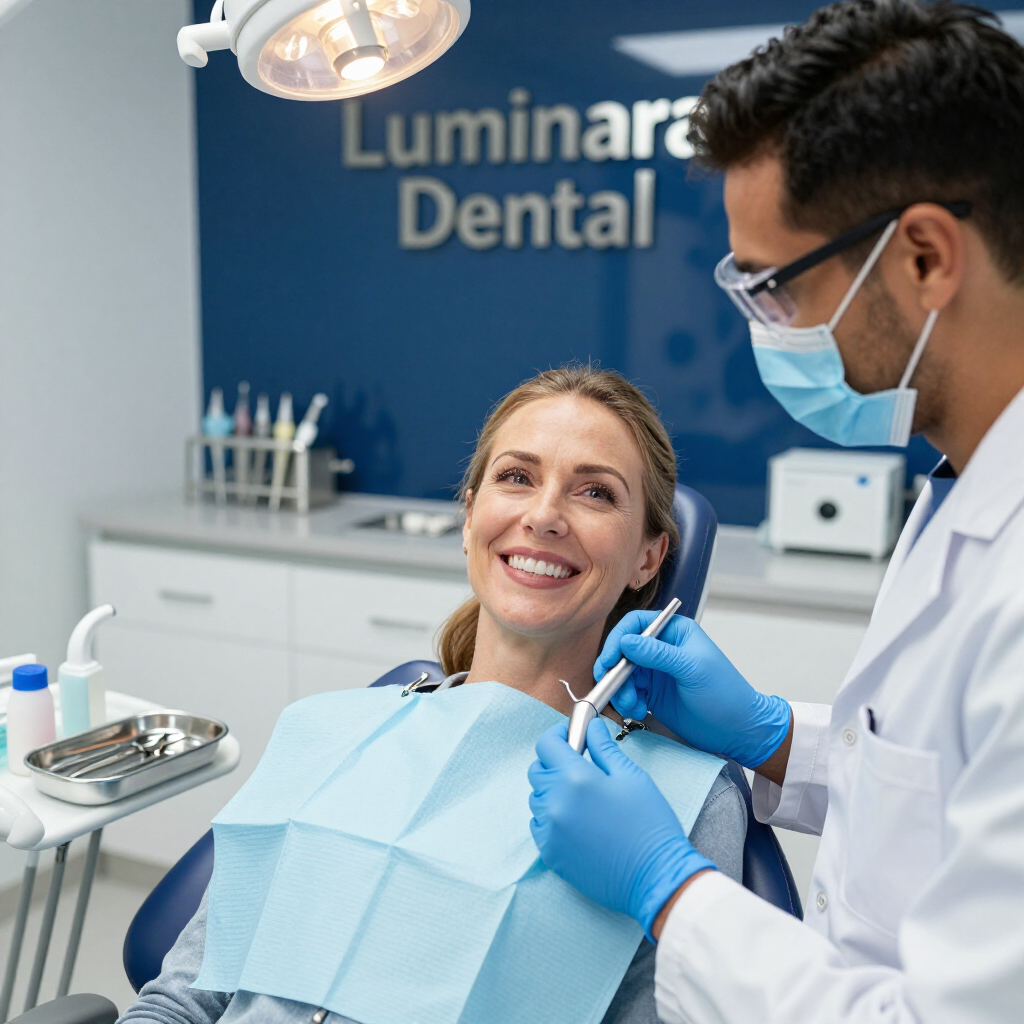 Dentist examining a smiling patient in a bright dental clinic with blue gloves and mask