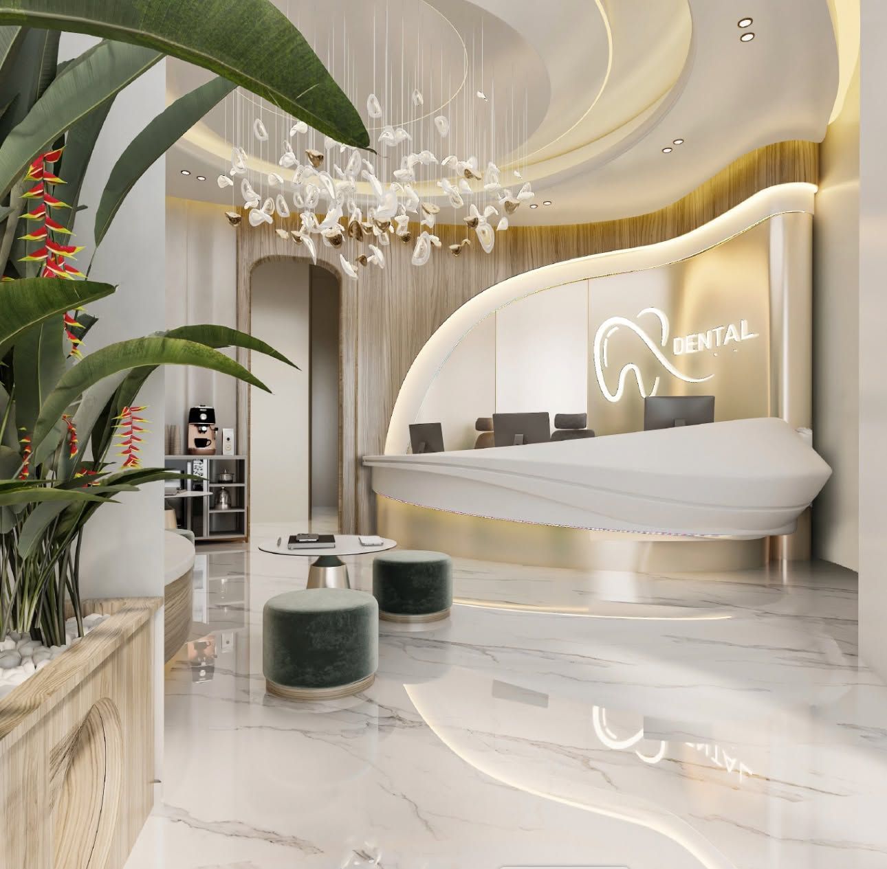 Bright modern dental clinic reception with curved white desk, glossy marble floor, and chandeliers