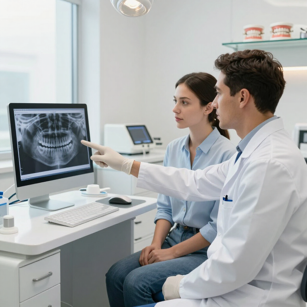 Two clinicians review a dental X-ray on a computer in a bright exam room.