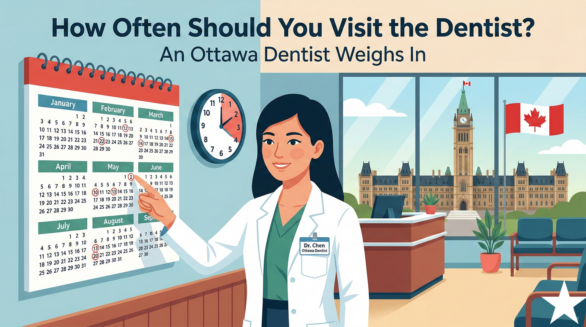 Dentist office infographic with calendar and smiling dentist beside Ottawa skyline and Canadian flag