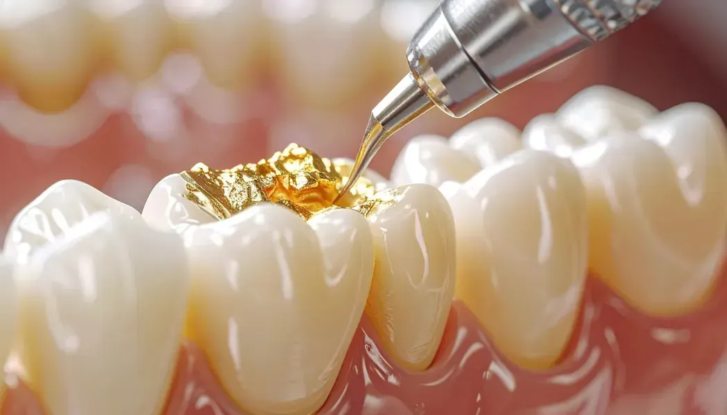 Close-up of a professional dental tool set and a healthy restored tooth model.