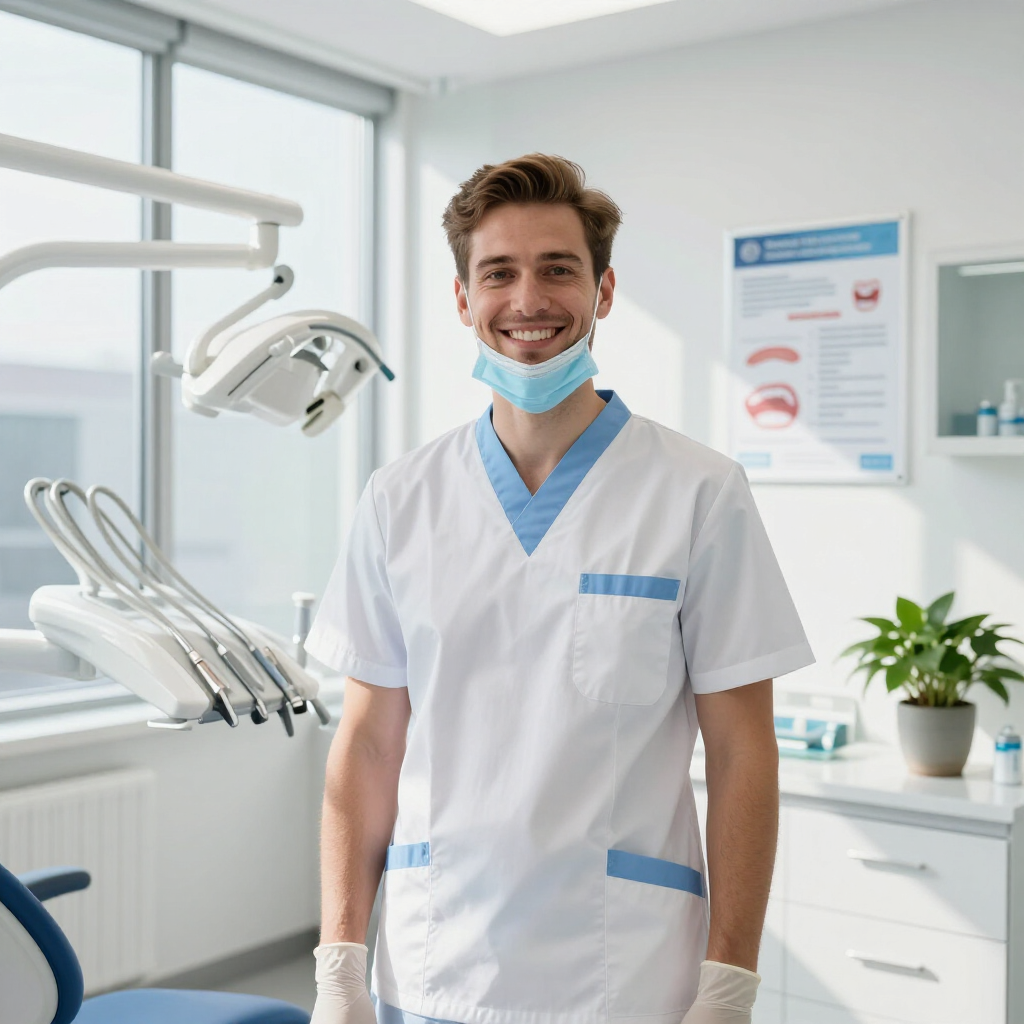 Smiling dental professional in white scrubs standing in a bright clinic room with dental tools.