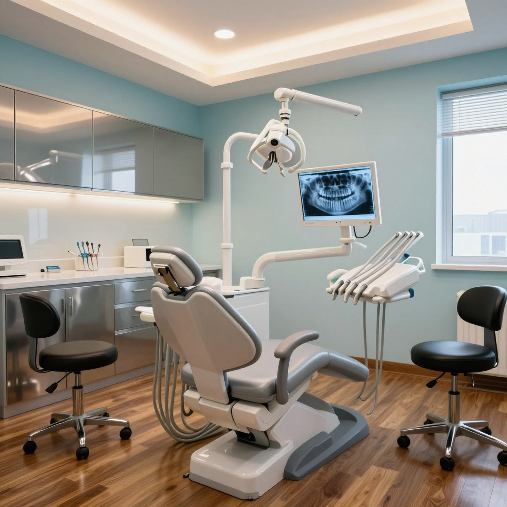 Modern dental exam room with chair, X-ray monitor, and overhead dental light
