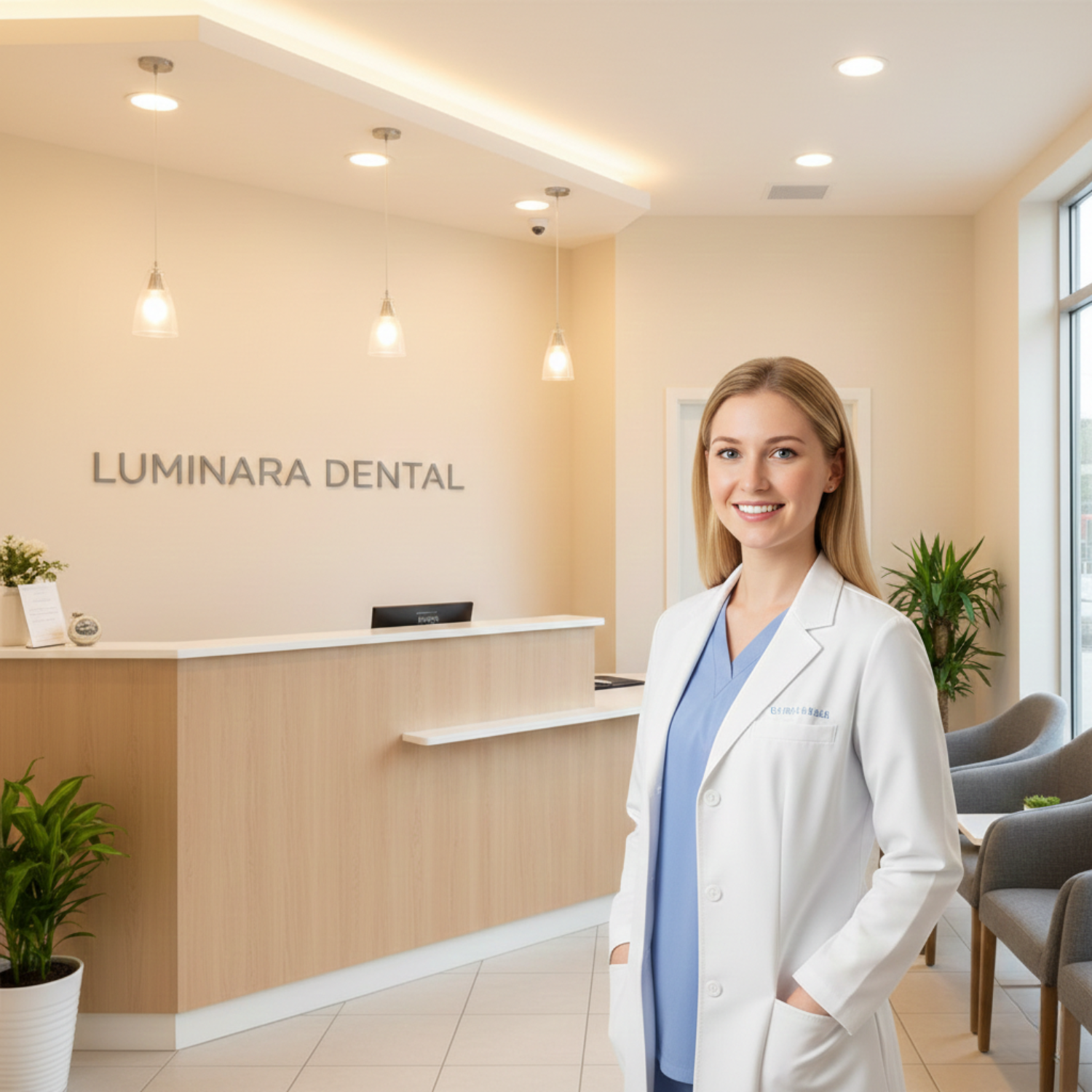 Dentist in white coat standing in a bright modern dental office lobby with reception desk and chairs