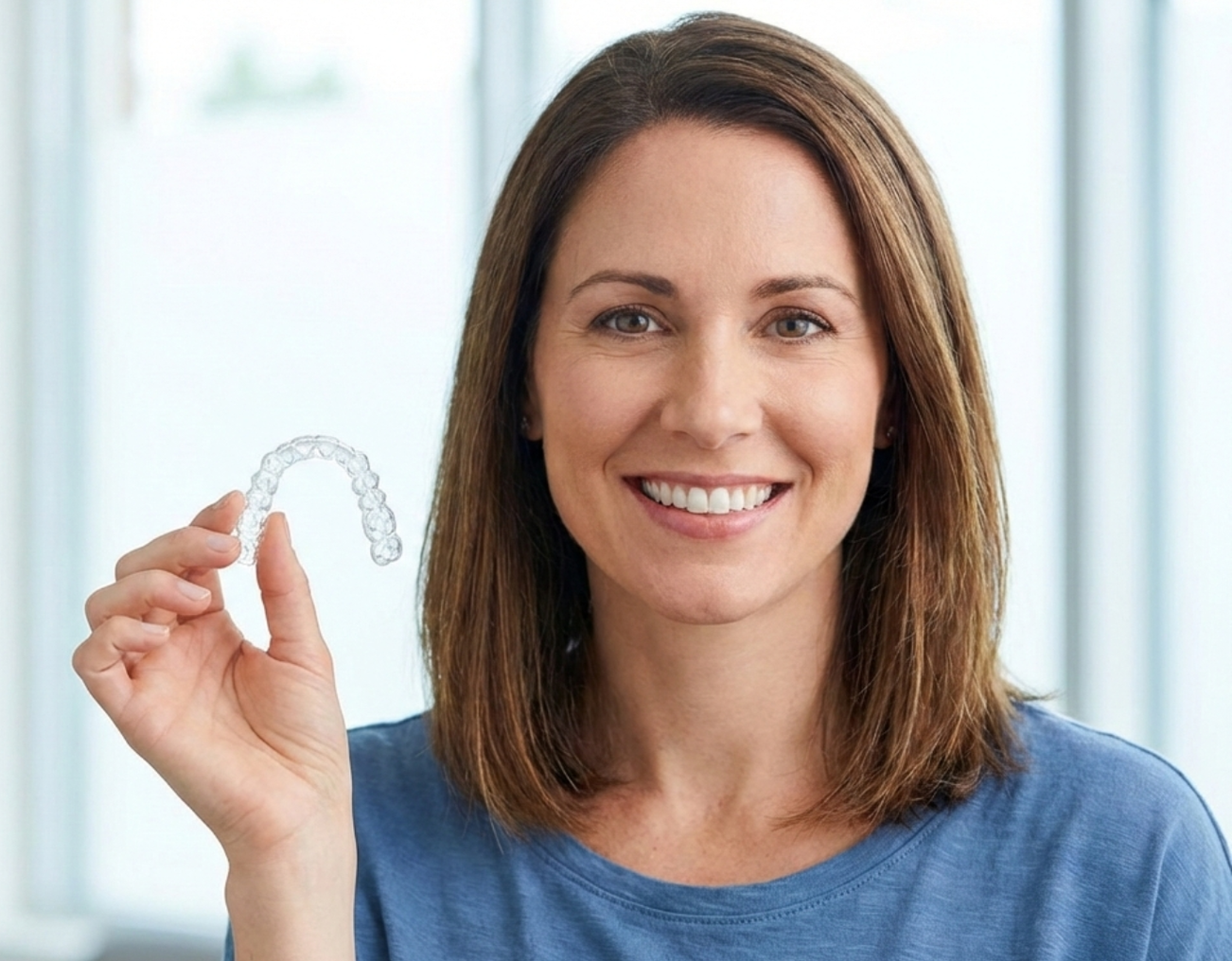Woman smiling and holding a clear dental aligner against a bright background
