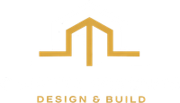 Gold geometric house logo with the words “DESIGN & BUILD” below