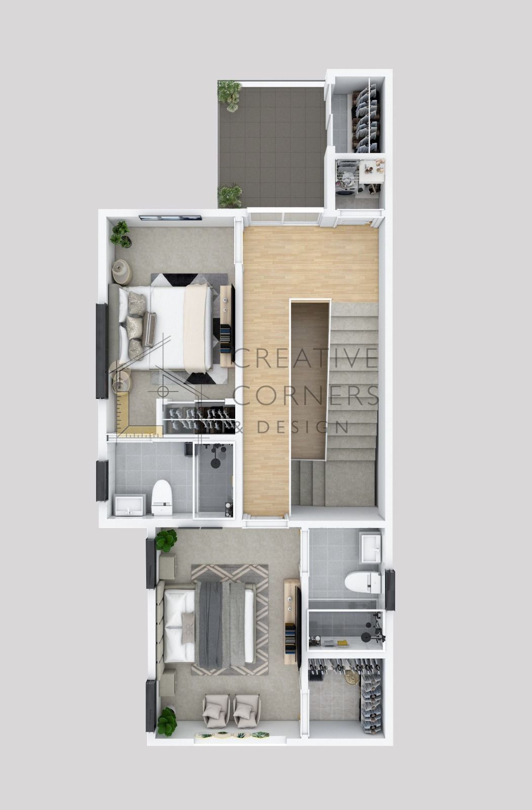 Top-down apartment floor plan with gray walls, wood floors, rooms, furniture, and small plants.