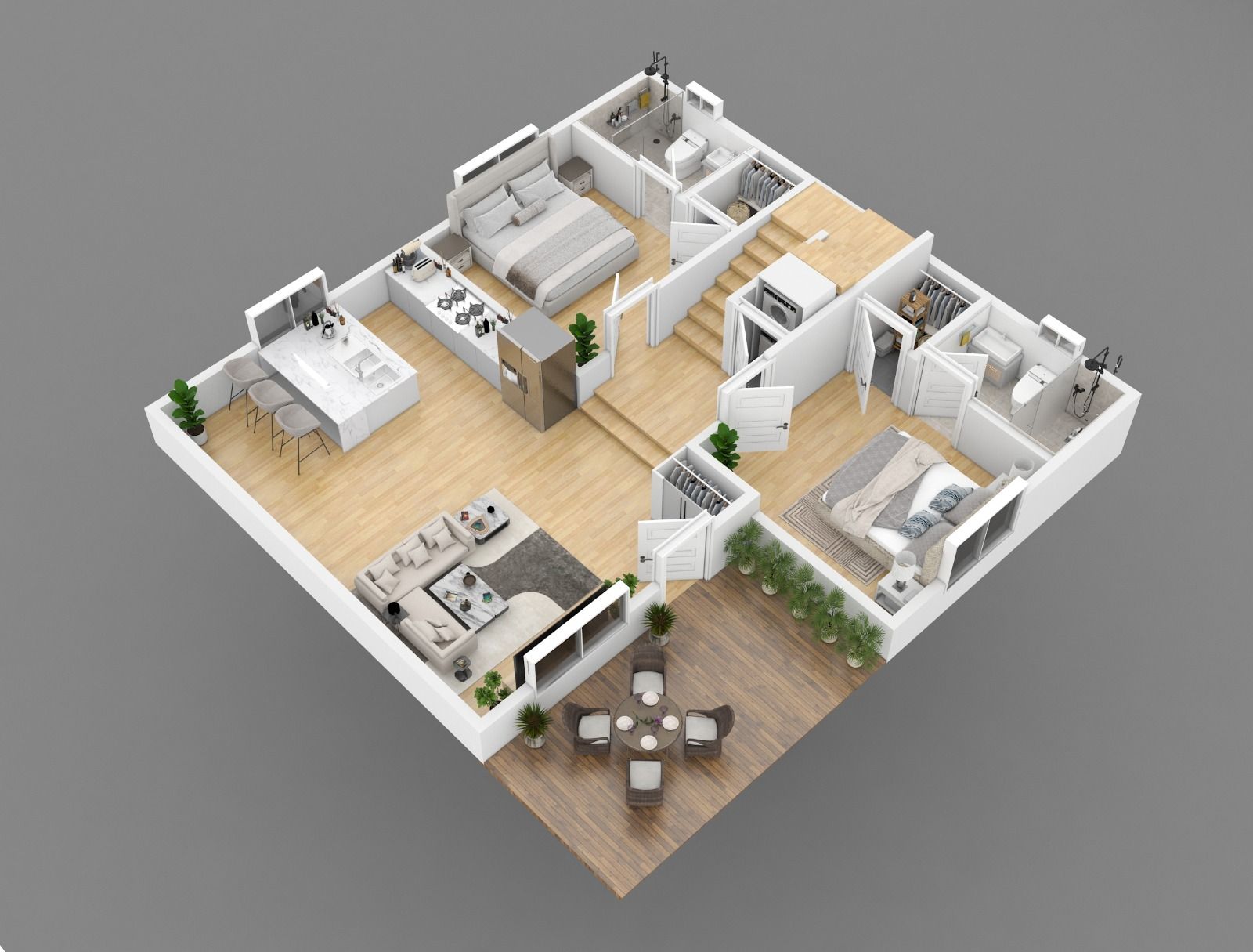 3D floor plan of a modern house with multiple rooms and a patio dining area