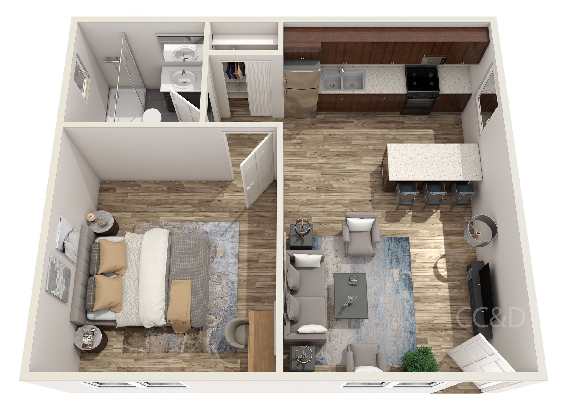 Top-down apartment floor plan with bedroom, bathroom, and open kitchen-living area in neutral tones