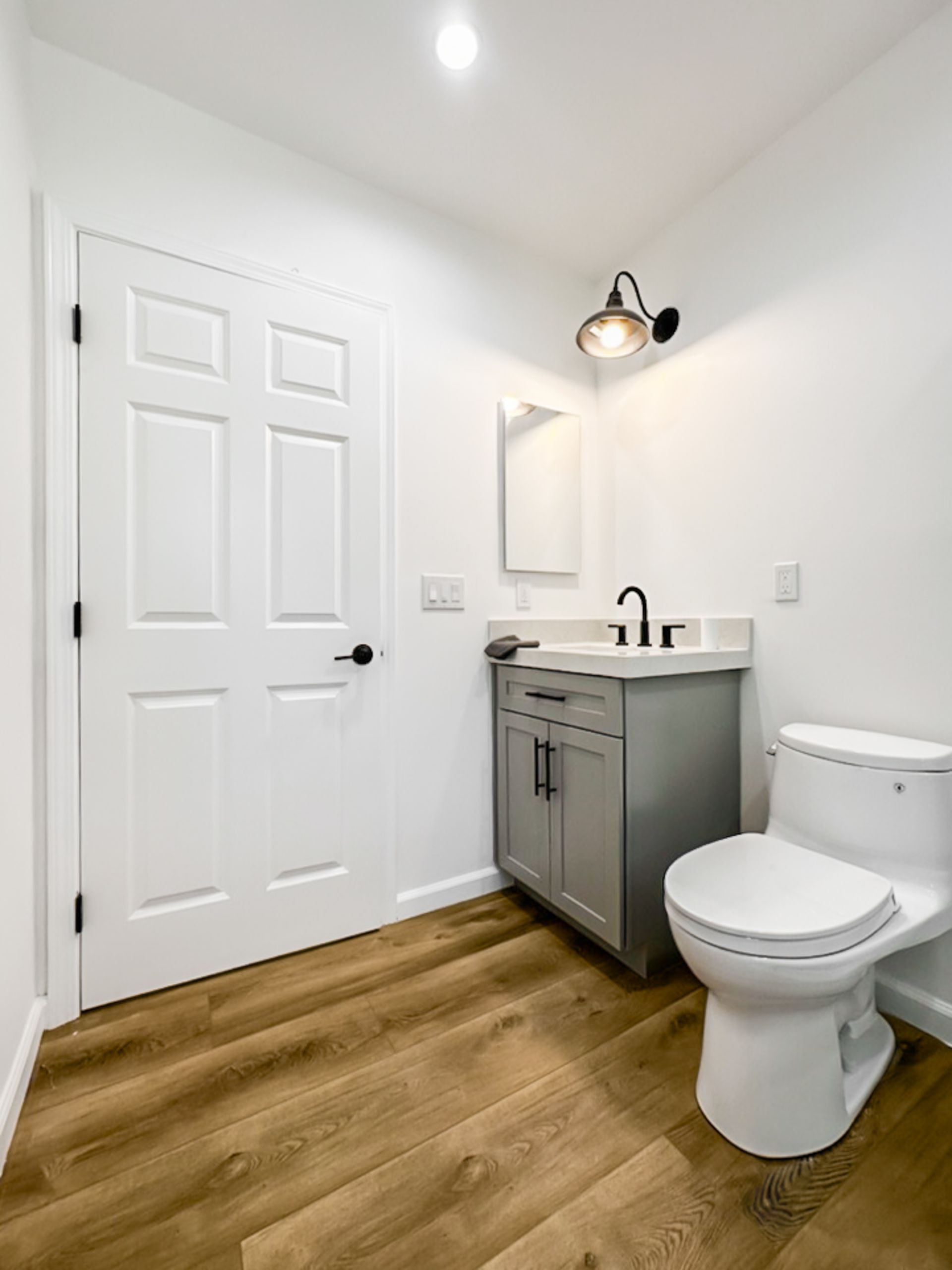Small bathroom with white door, gray vanity, toilet, and wood-look floor.