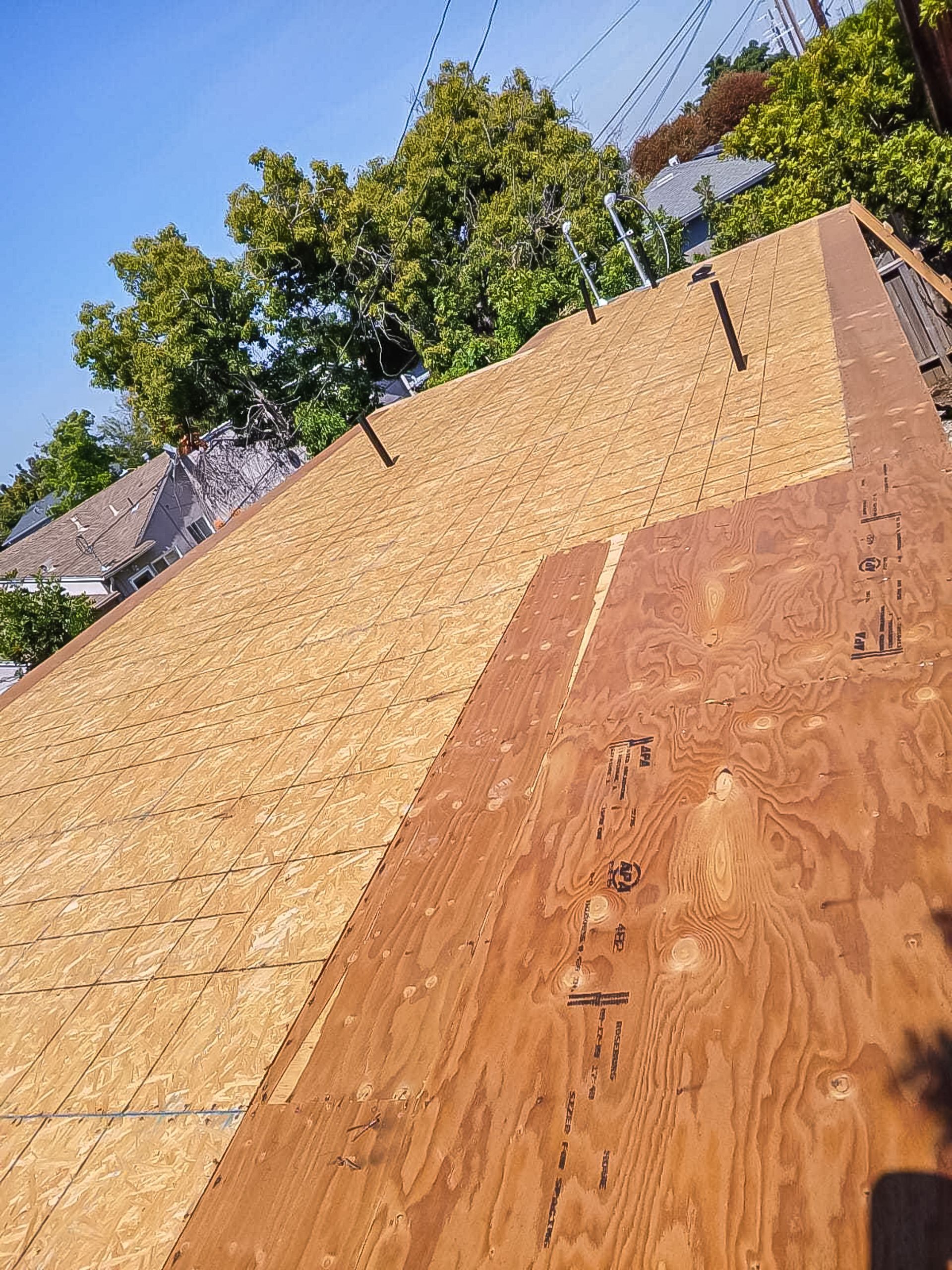 Wooden roof deck under construction, with plywood sheathing and trees in the background.
