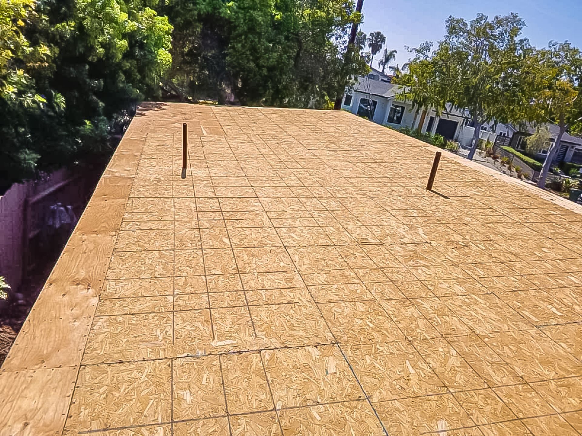 Rooftop covered with plywood sheathing, with two vent pipes and trees visible in the background.