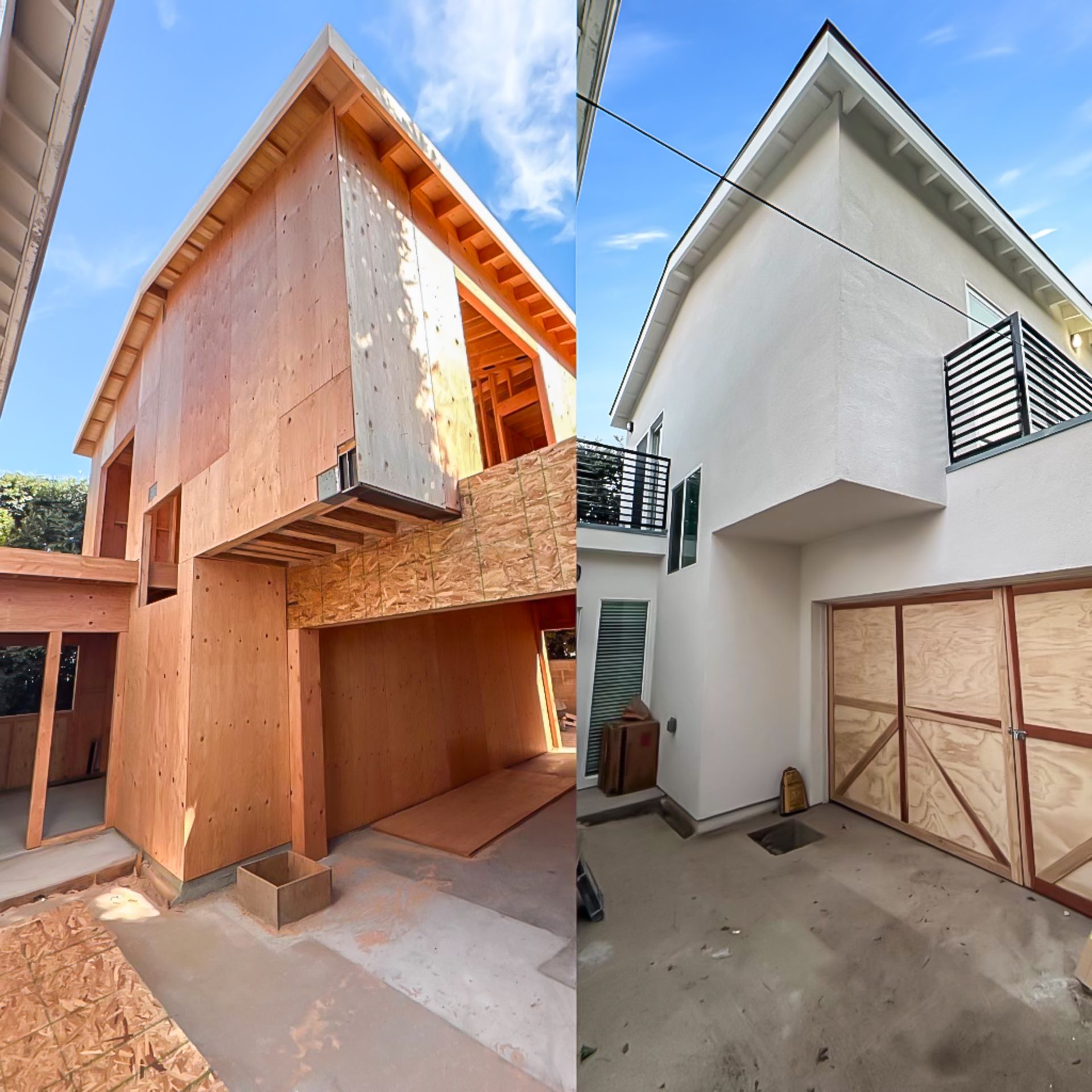 Side-by-side construction photos of a modern house exterior.