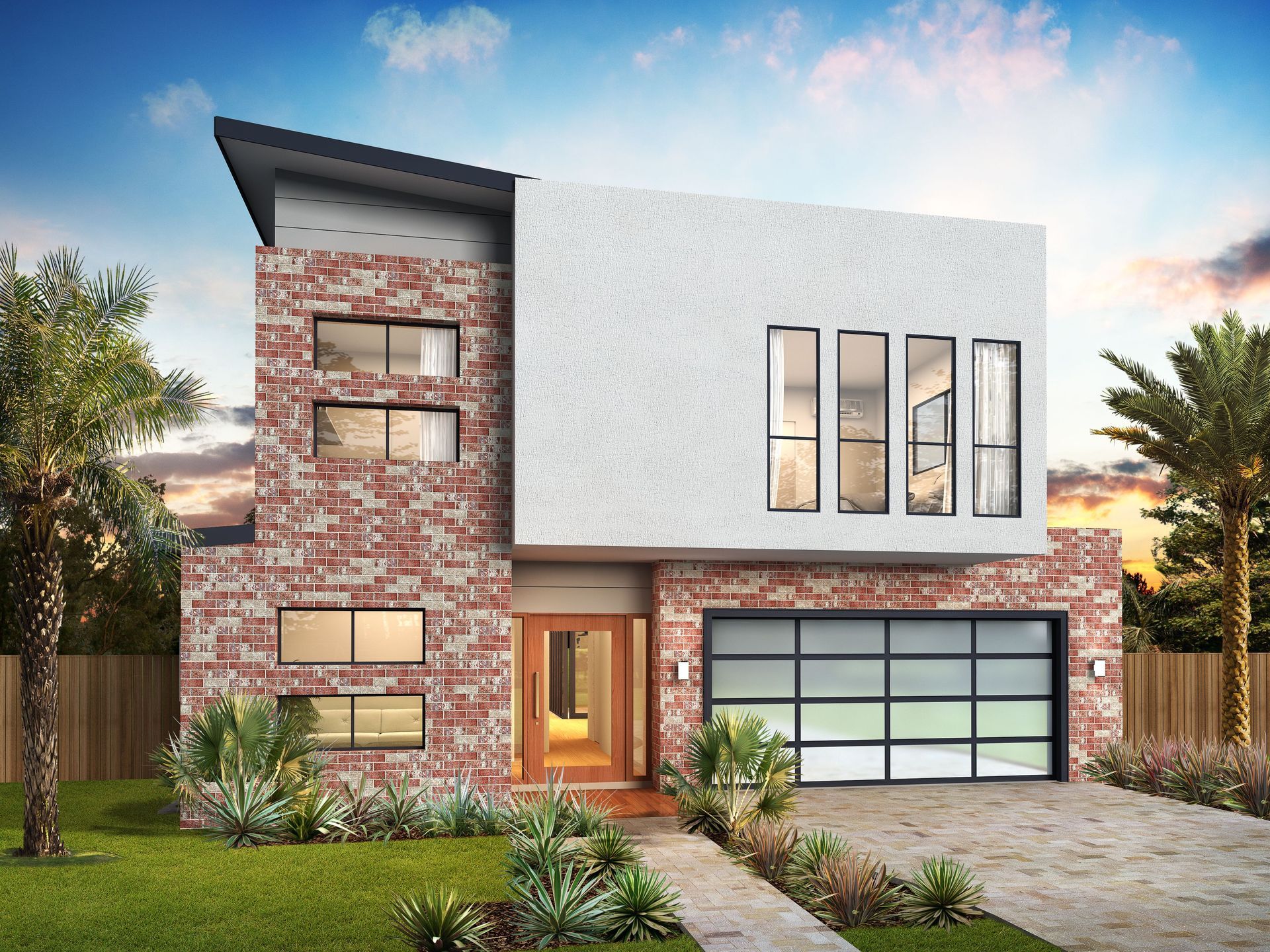 Modern two-story brick and white house with large windows, a garage, and a landscaped front yard at sunset
