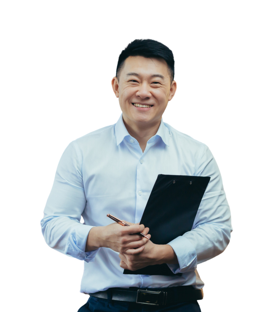 A man in a white shirt is holding a clipboard and a pen