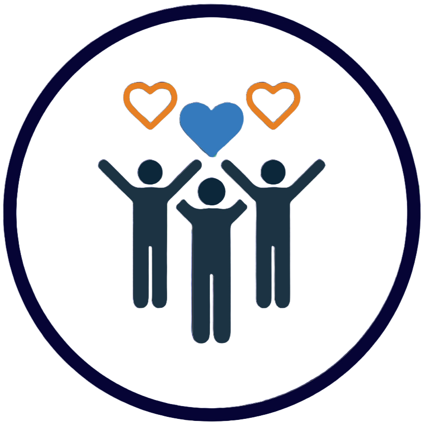 Three stylized people with raised arms beneath blue and orange hearts inside a circle