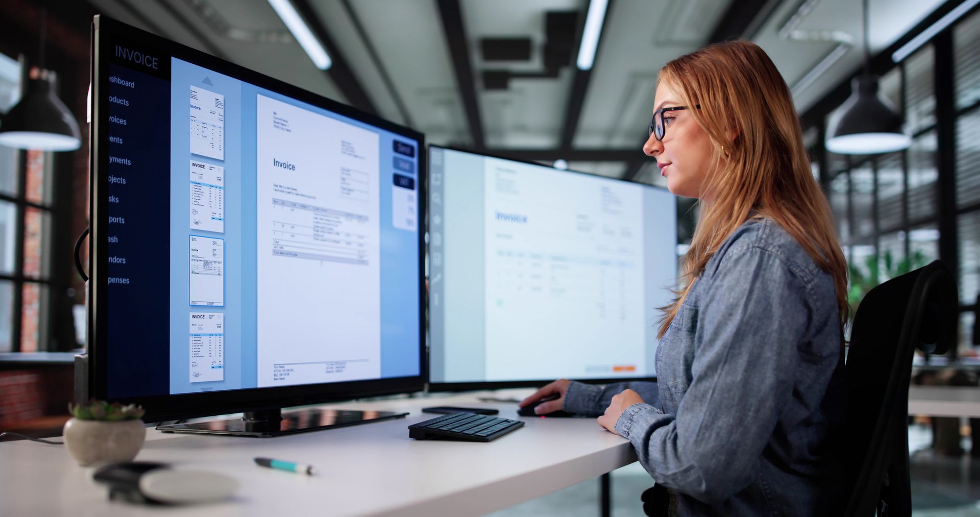 Payroll Manager working in a modern office, managing invoices and payroll tasks.