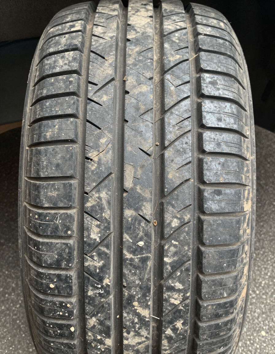 Close-up of a worn car tire tread against a dark background