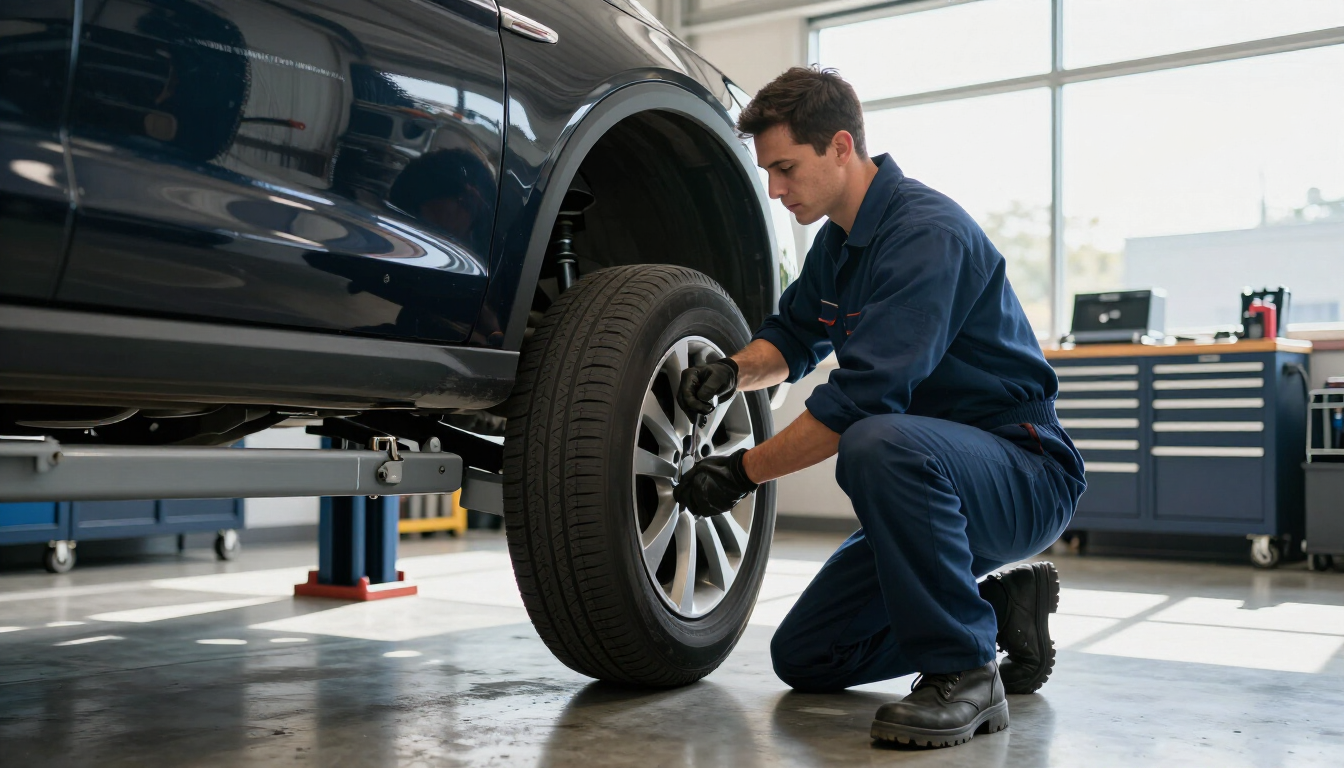 Mechanic inspecting a car tire in an auto repair shop