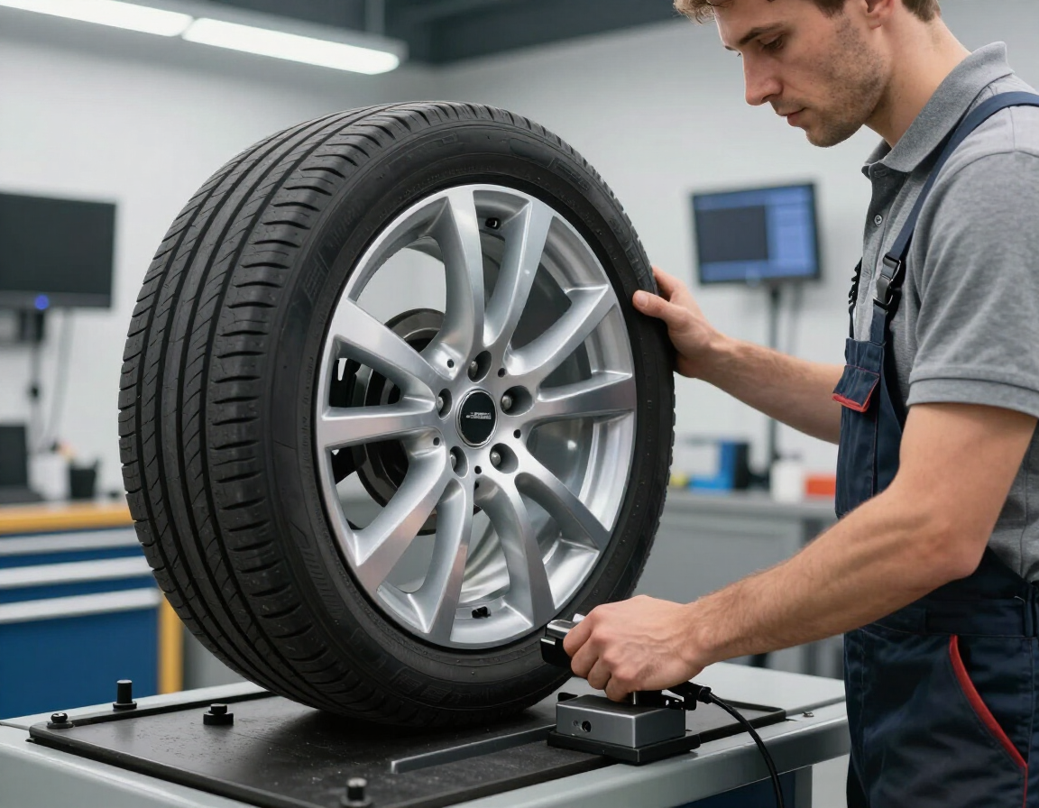 Mechanic balancing a car tire on a wheel balancing machine in a workshop