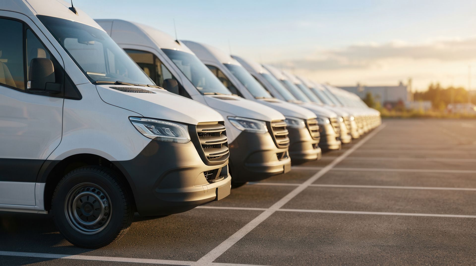 Row of white delivery vans parked diagonally in an empty lot at sunset