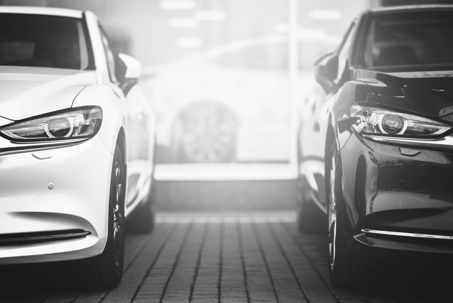 Two parked cars, one white and one black, in a bright showroom