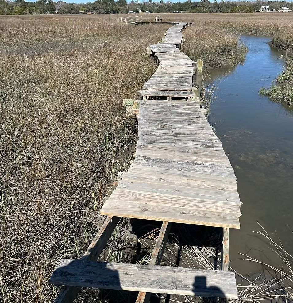 Worn wooden boardwalk over marshland, broken in places, beside a narrow water channel.