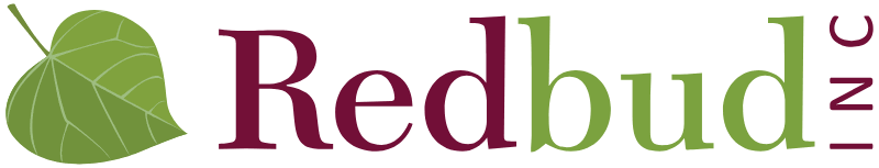 Redbud logo with a green leaf icon and maroon-and-green text on a white background