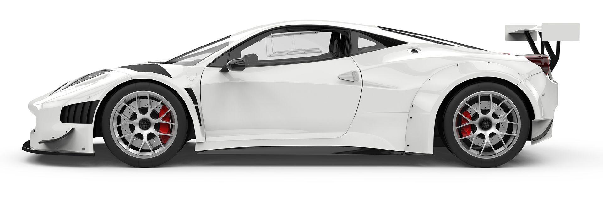 White sports coupe in side view with red brake calipers and rear spoiler on a white background