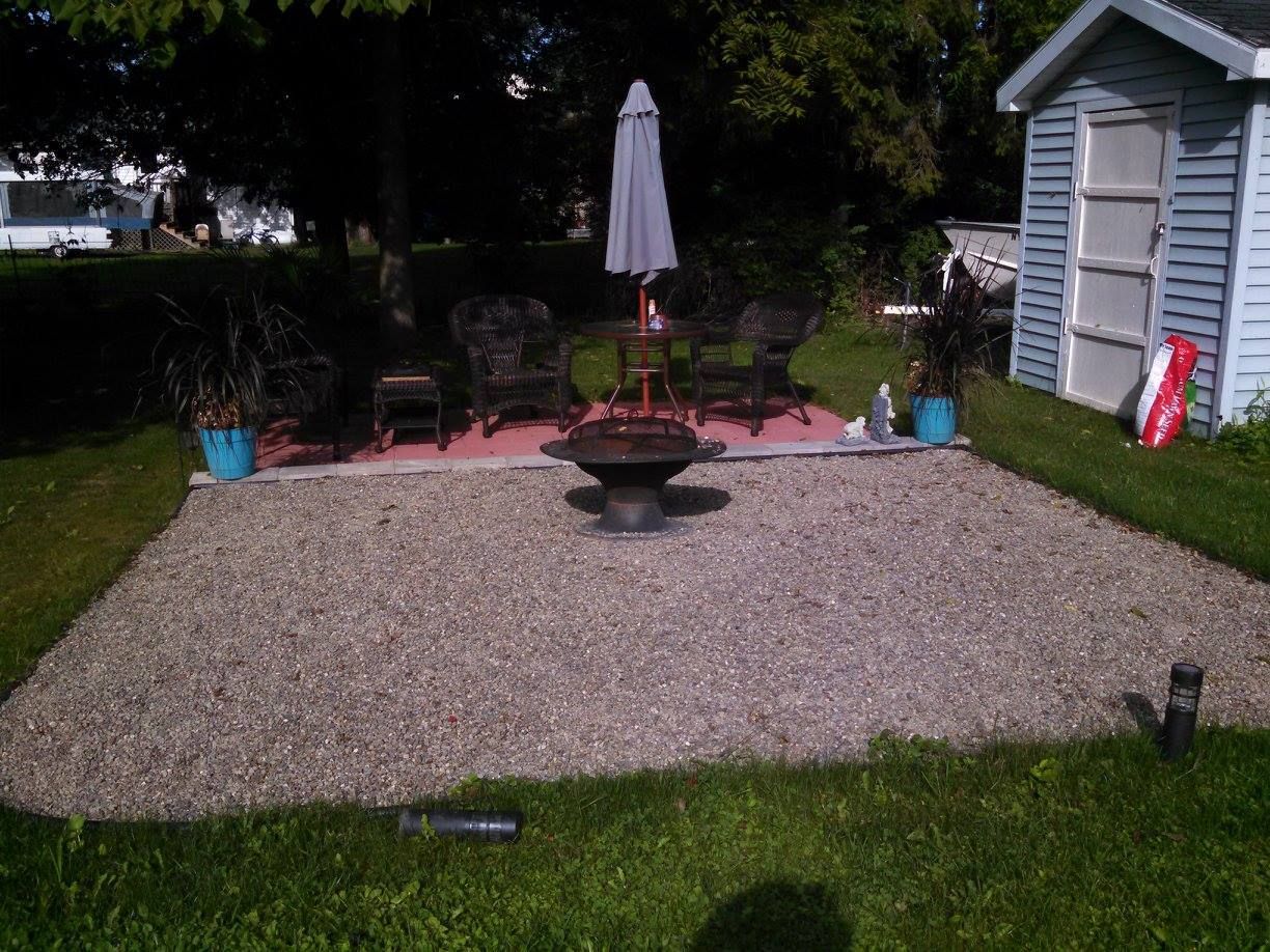 Backyard patio with gravel area, fire pit table, umbrella, and chairs beside a house and lawn