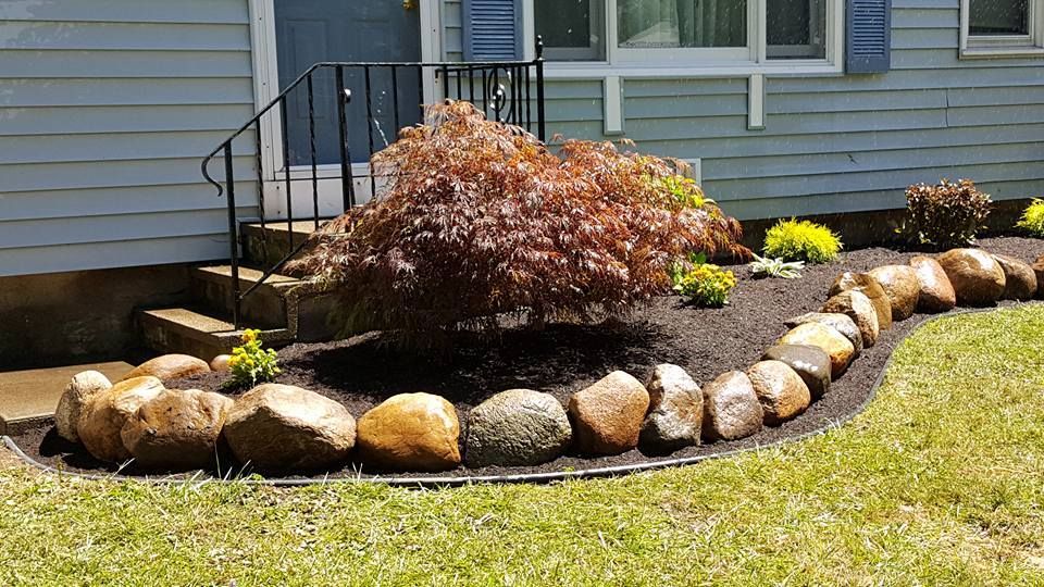 Rock garden border with assorted stones and a small shrub beside a house lawn