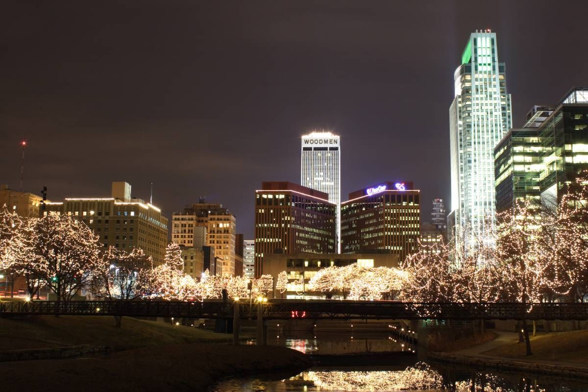 The city lights of Omaha, Nebraska, at night.