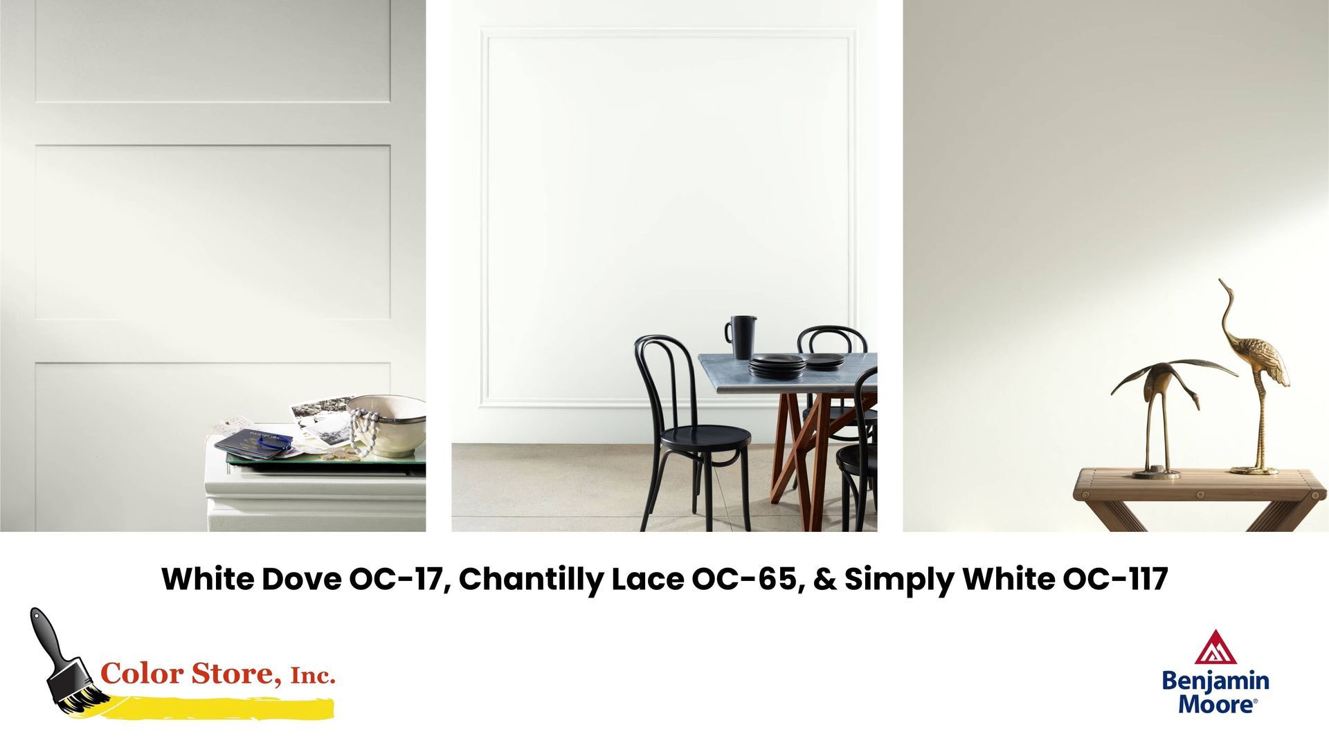 An image comparison of Benjamin Moore White Dove OC-17, Chantilly Lace OC-65, & Simply White OC-117.