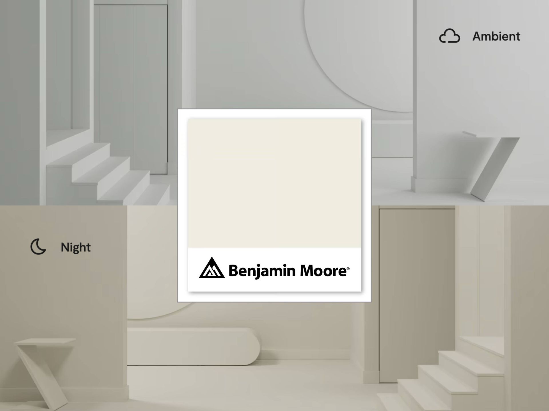 Benjamin Moore Swiss Coffee OC-45 in swatch form and in the same room with different lighting.