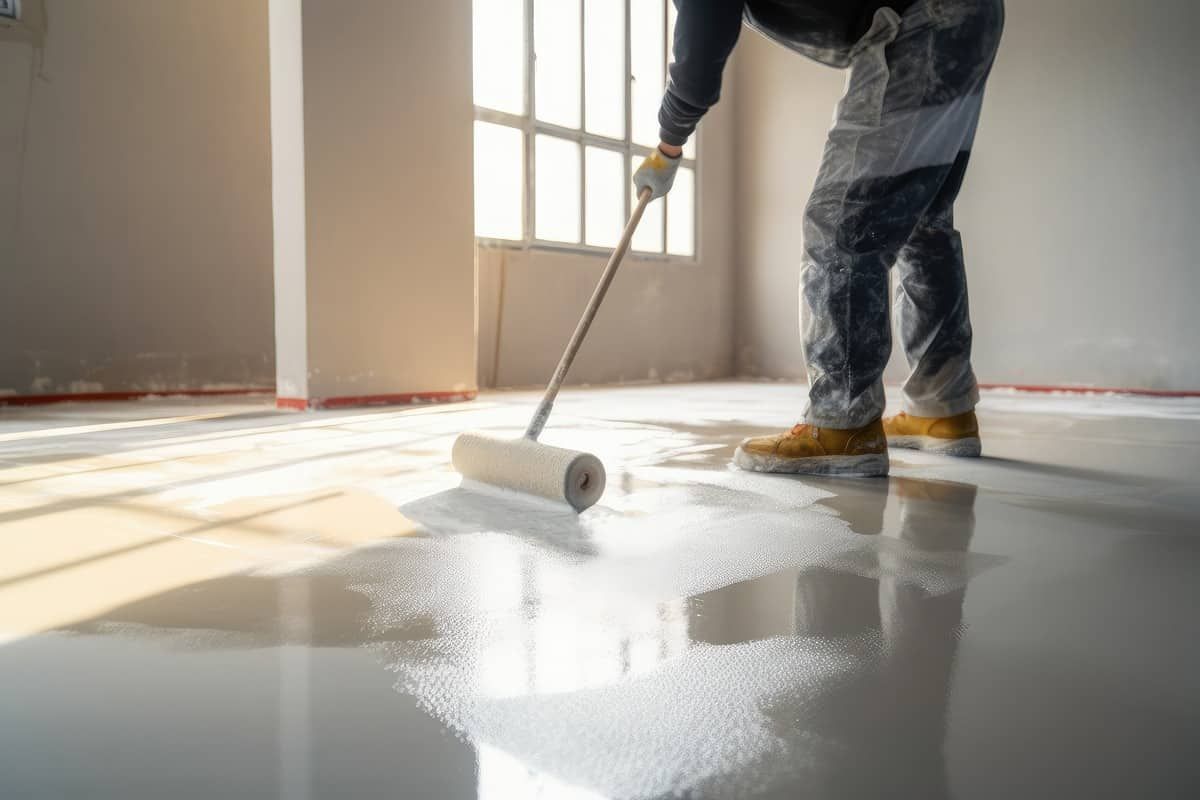 Worker rolling a liquid floor covering onto a concrete floor