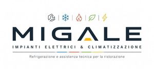 Logo MIGALE con icone multicolore e slogan per impianti elettrici e servizi di climatizzazione.