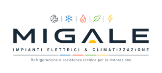 Logo MIGALE con icone multicolore e slogan per impianti elettrici e servizi di climatizzazione.