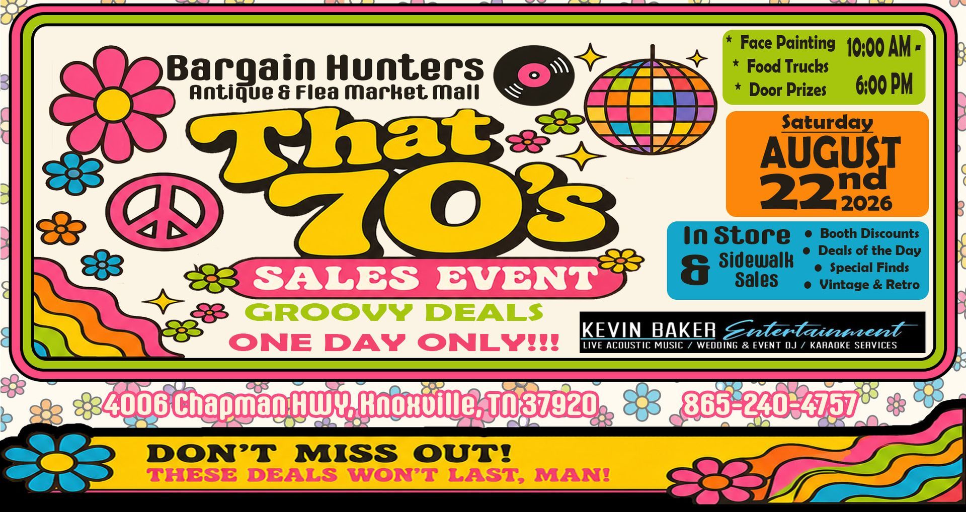 Colorful “That 70’s Sales Event” poster at Bargain Hunters, with peace signs, flowers, and a “Don’t miss out” banner