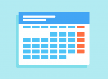 Blue calendar icon with grid of dates and orange-highlighted column