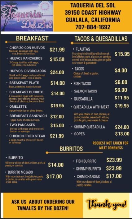 Taqueria Del Sol Menu Breakfast and tacos