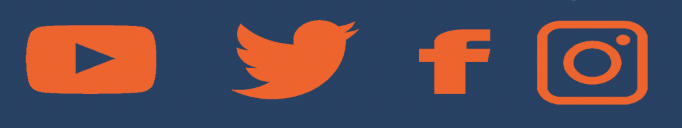 Four orange social media icons (YouTube, Twitter, Facebook, and Instagram) centered on a dark blue background.