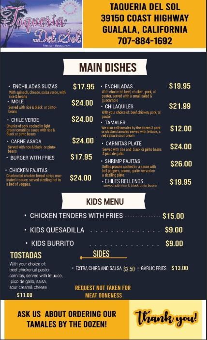 Taqueria Del Sol Menu main dishes