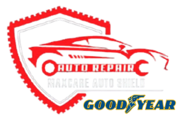 Red shield logo with red car silhouette, “Auto Repic,” “Nanacre Auto,” and Goodyear branding