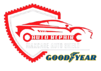 Red shield logo with red car silhouette, “Auto Repic,” “Nanacre Auto,” and Goodyear branding