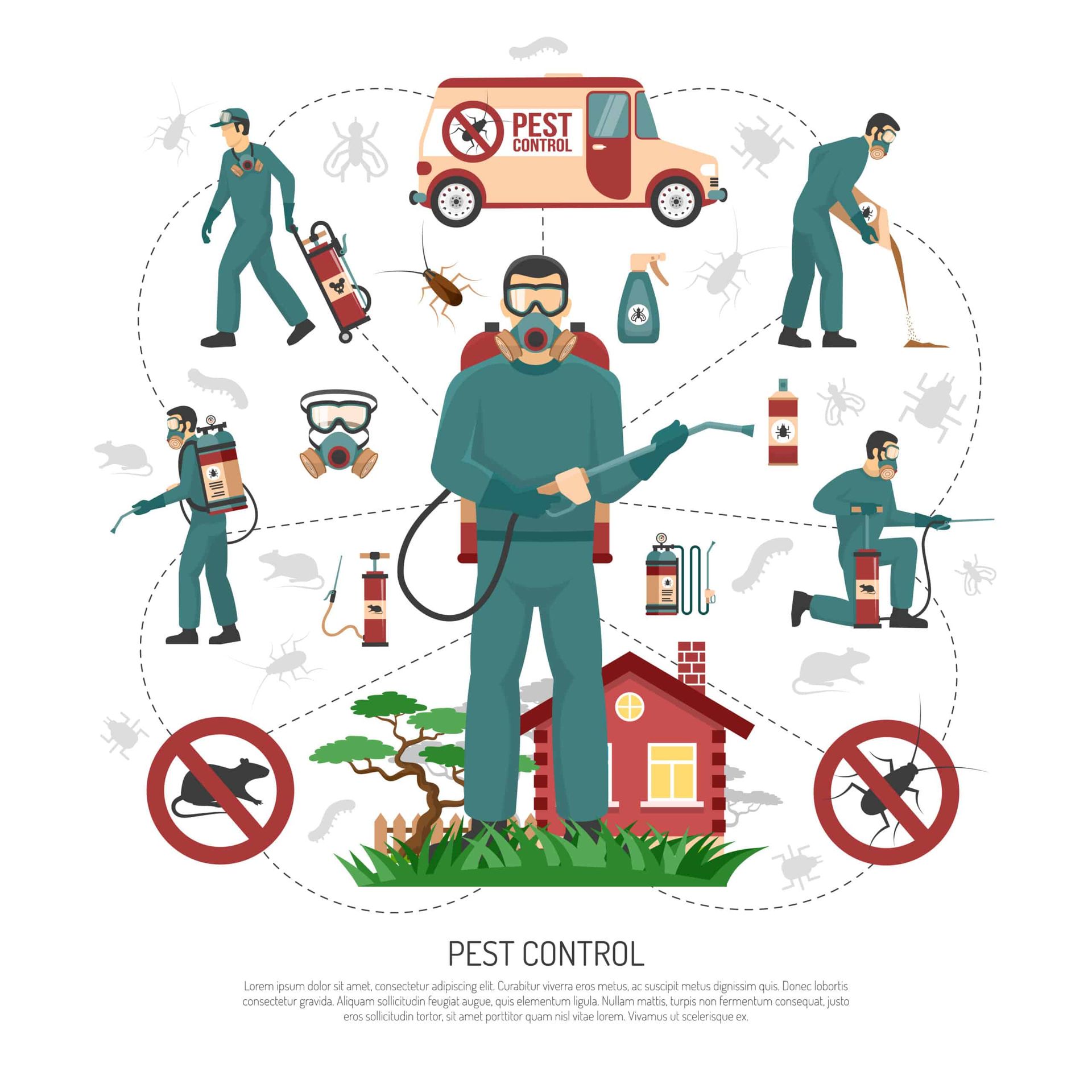 Pest control illustration: technician spraying chemicals, pest control van, and a house.