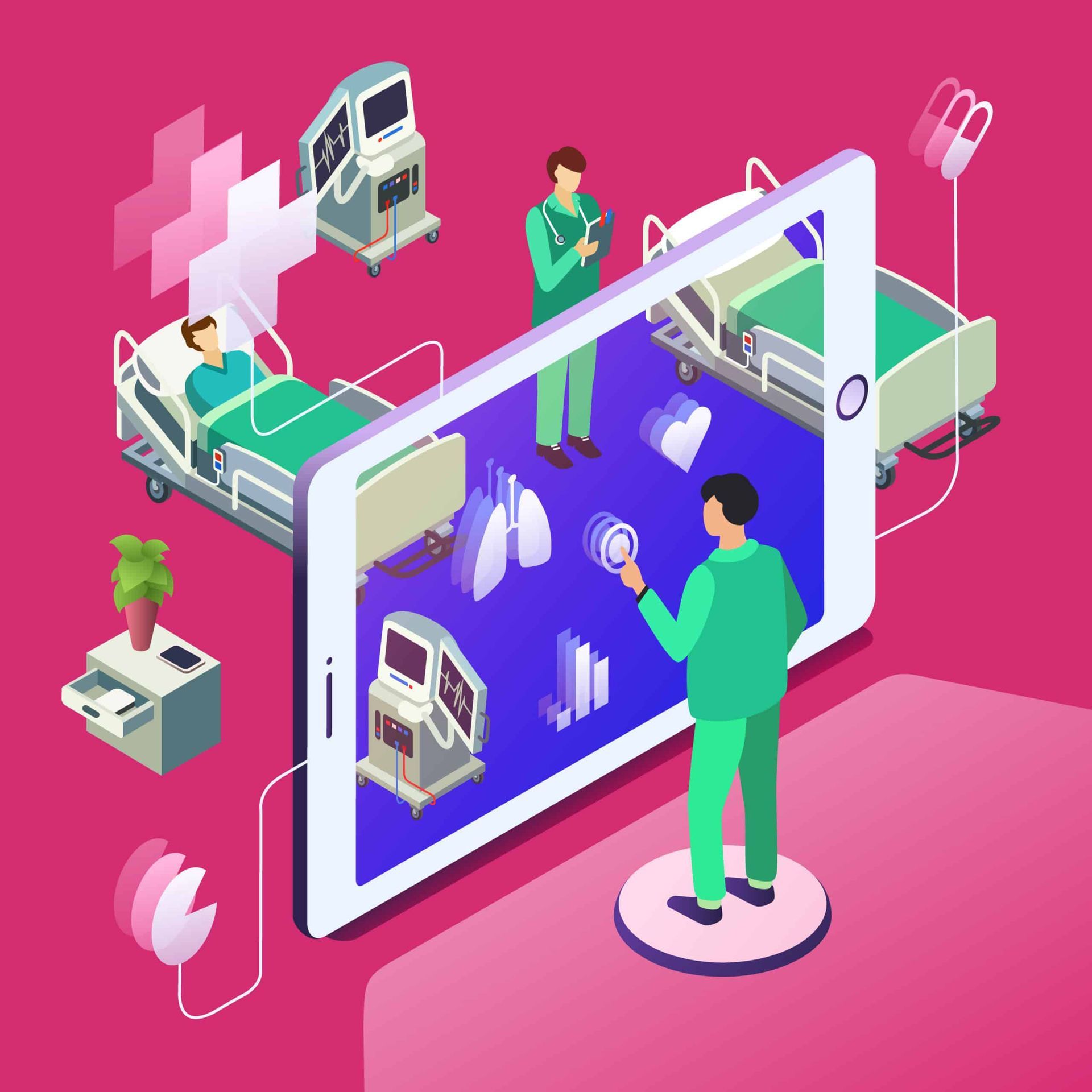 Doctor uses a tablet to visualize patient care; green and white, hospital setting.