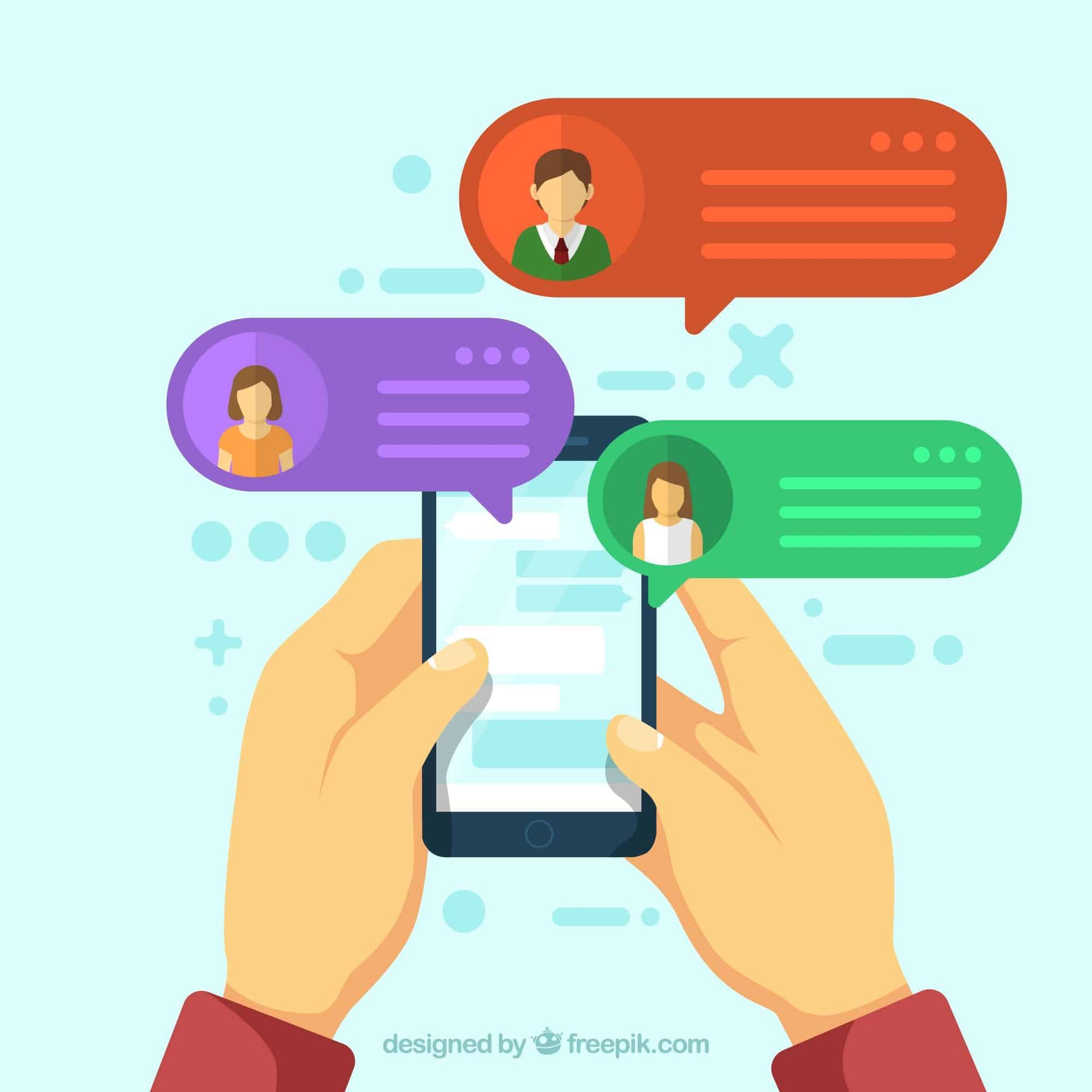 Hands holding a phone with three chat bubbles: a man and two women chatting.